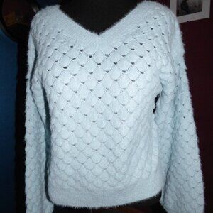 GOTH BOHO PRAIRIE LIGHT BLUE FUZZY V-NECK LONG SLEEVE PULLOVER SWEATER TOP L